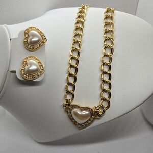 Avon Vintage Gold Heart Necklace and Earring Set  Rhinestones Faux Pearl Heart